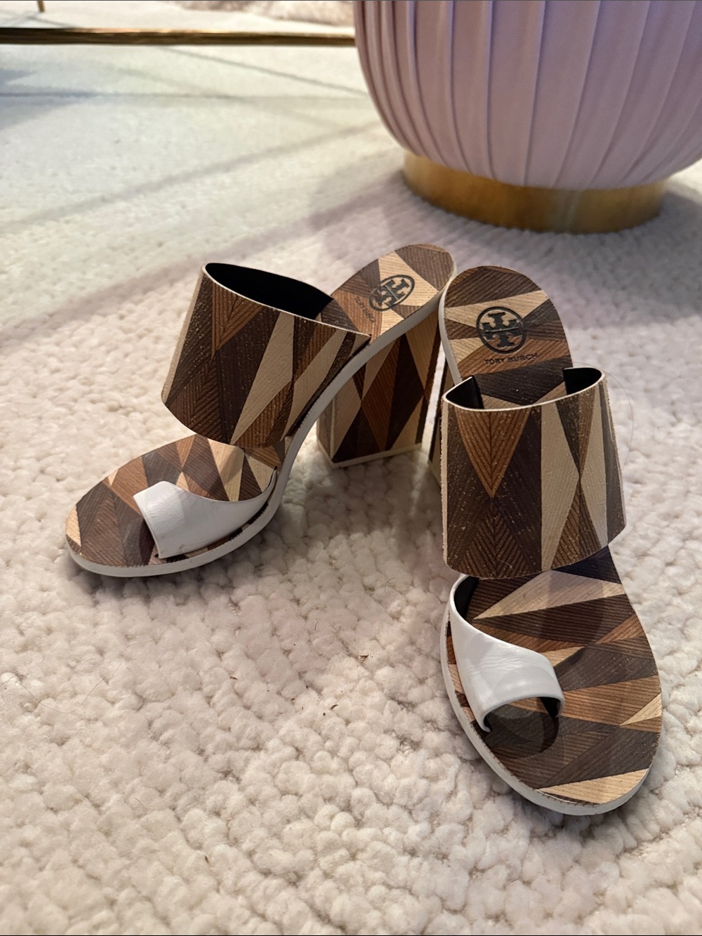 Tory Burch Brown Geometric Block Heel Slide Sandals with White Toe Accent